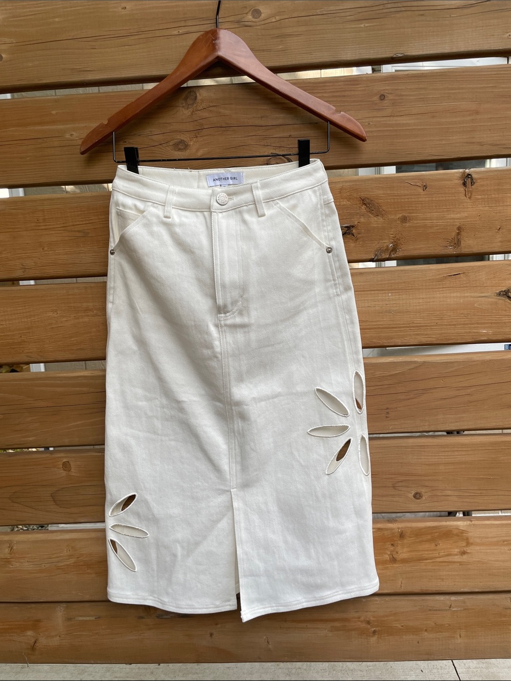 Another Girl Ivory Cutwork Utility Denim Midi Skirt Size XS